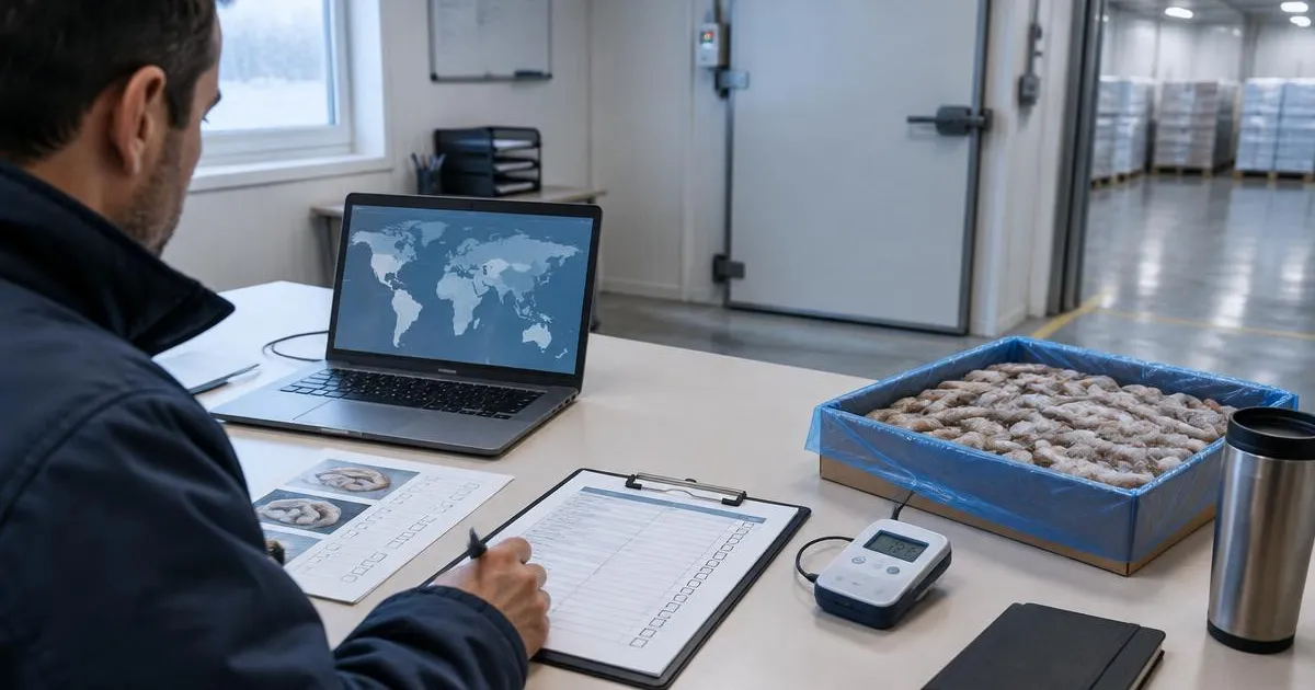 Illustrative photo: buyer reviewing a seafood specification checklist beside frozen shrimp cartons and a cold-store door