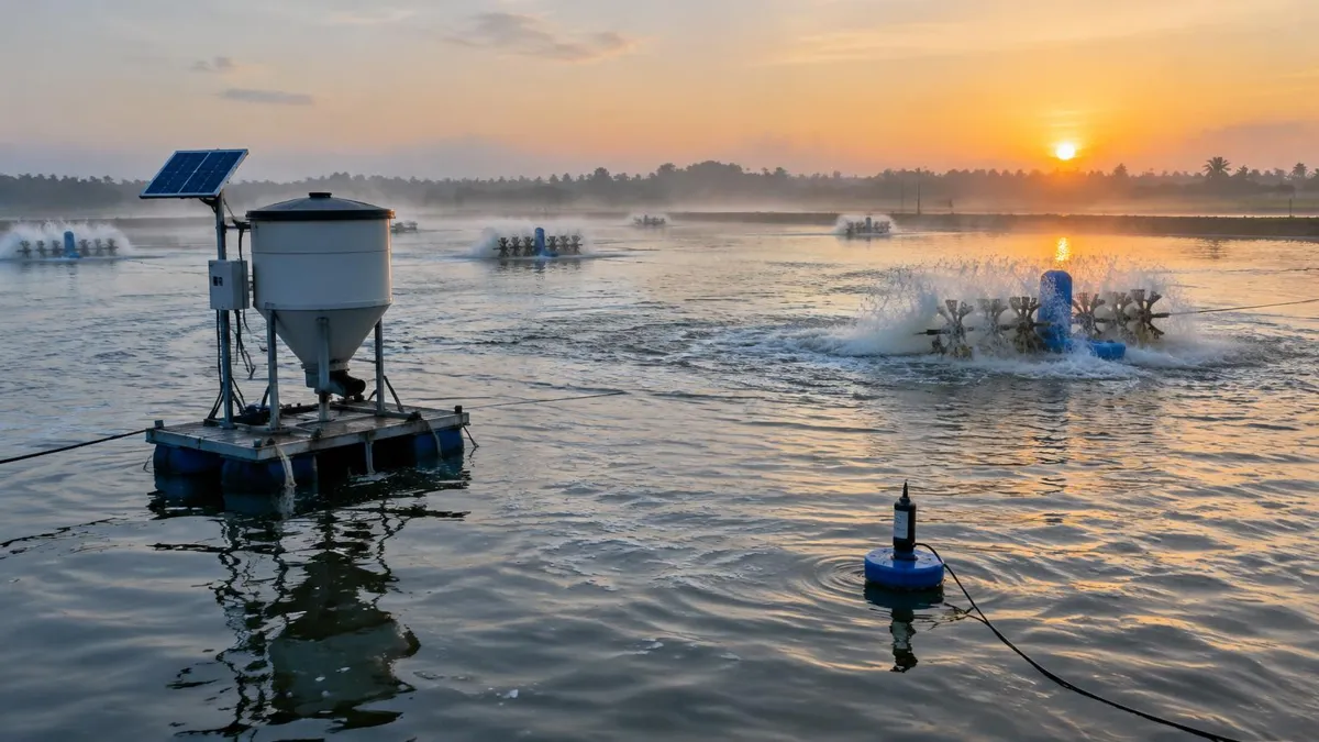 Aireadores de paletas y un alimentador automático en una piscina de camarón al amanecer, con un sensor de oxígeno disuelto en una boya