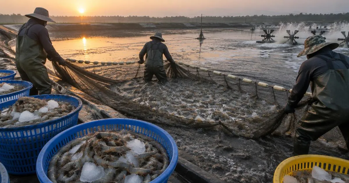 Workers netting shrimp from a drained pond into iced baskets at dawn (illustrative image)