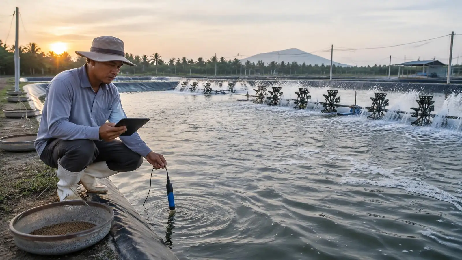 Shrimp farm manager checking a water-quality probe and tablet beside a lined grow-out pond with paddlewheel aerators running at sunrise