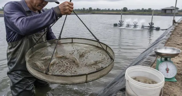 Worker lifting a mesh feed tray from a shrimp pond, with live shrimp and leftover pellets on the tray and a scale on the bank