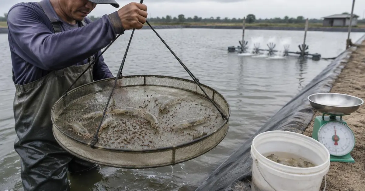 Worker lifting a mesh feed tray from a shrimp pond, with live shrimp and leftover pellets on the tray and a scale on the bank