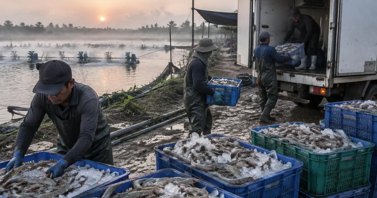 Cảnh minh họa: các thùng tôm vừa thu hoạch được ướp đá đang được chất lên xe tải lạnh cạnh ao có máy quạt nước vào lúc bình minh