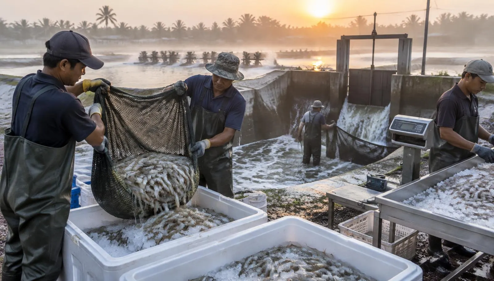 Workers harvesting shrimp at a pond drain into ice-filled insulated bins at dawn, with a scale and sorting table