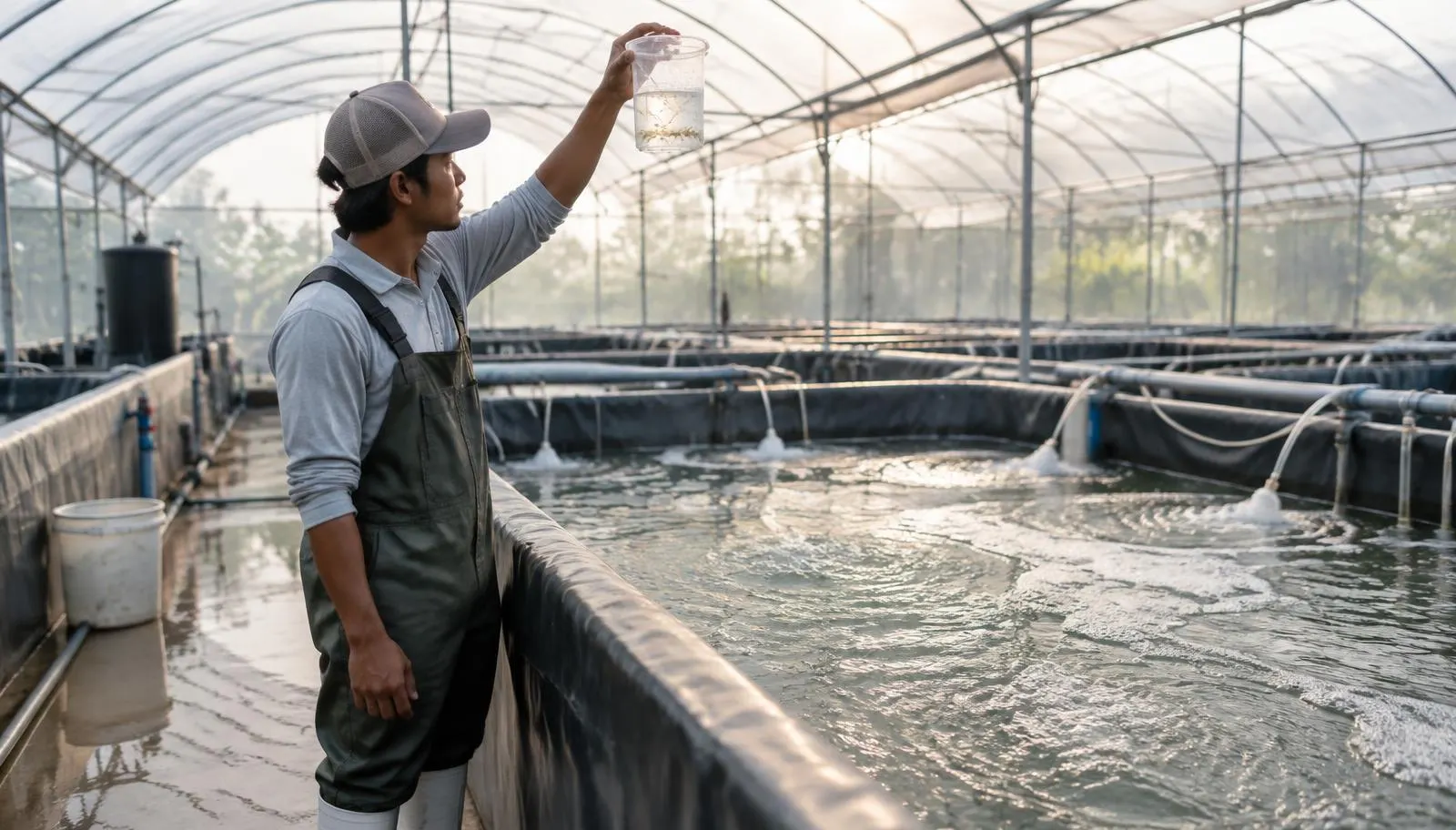 Raceways de nurserie de crevettes en intérieur sous serre avec lignes d'aération, un technicien vérifie des post-larves dans un bécher d'échantillonnage