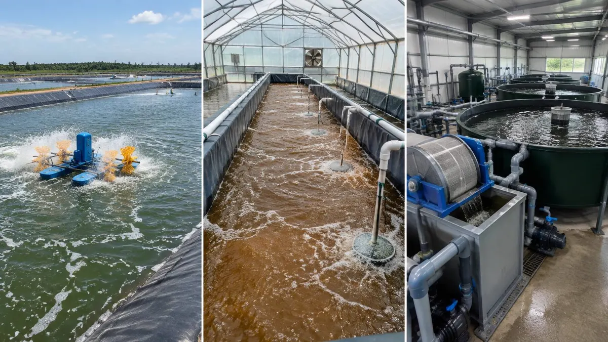 Three shrimp farming systems side by side: an outdoor lined pond with paddlewheel aerator, a biofloc raceway in a greenhouse and an indoor RAS hall with tanks and a drum filter