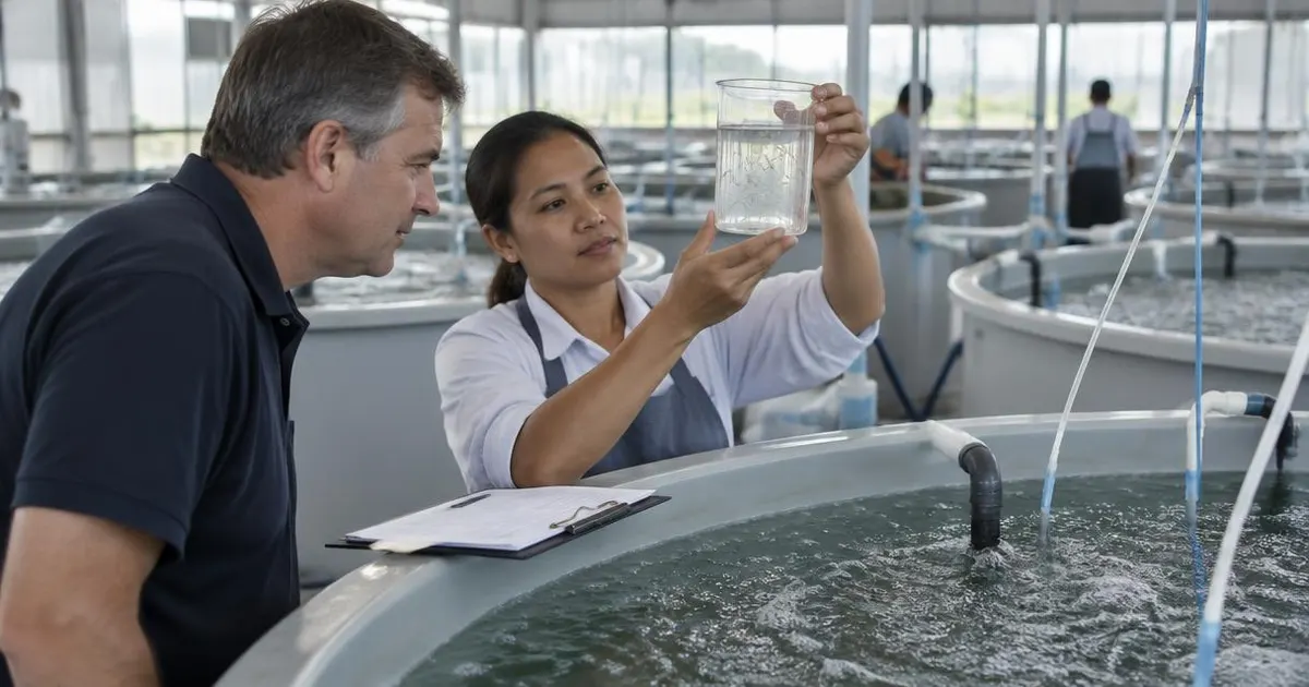 Comprador y técnico de laboratorio examinando un vaso con postlarvas de camarón junto a tanques de larvicultura