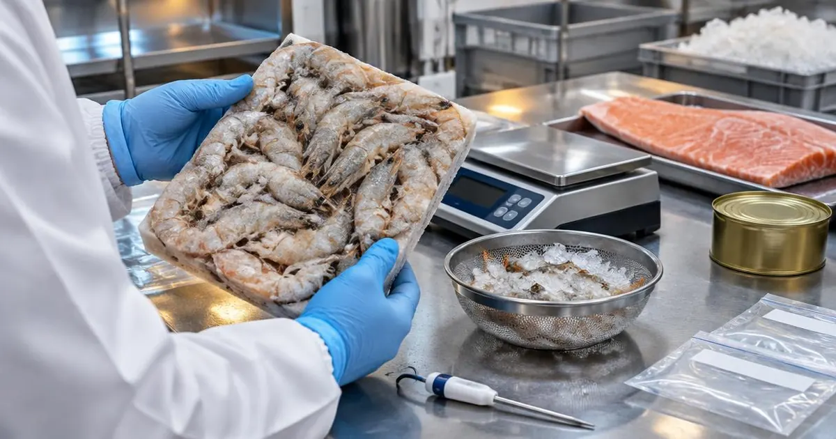 Illustrative photo: gloved inspector holding a frozen block of glazed whole shrimp beside a scale, a thaw sieve, a thermometer probe, sample bags and a salmon fillet