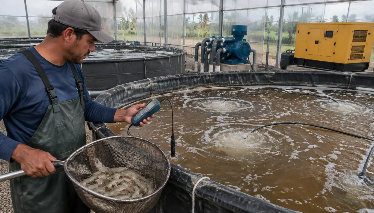 Técnico mede o oxigênio dissolvido com sonda portátil ao lado de um tanque circular de bioflocos com difusores de ar, segurando um puçá com camarões-brancos, com soprador e gerador a diesel de reserva ao fundo de uma estufa