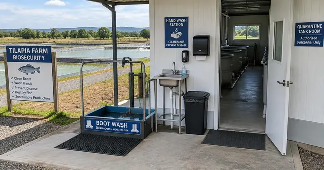 Biosecurity entrance at a tilapia farm with a boot wash, hand-wash station and separate quarantine tank room