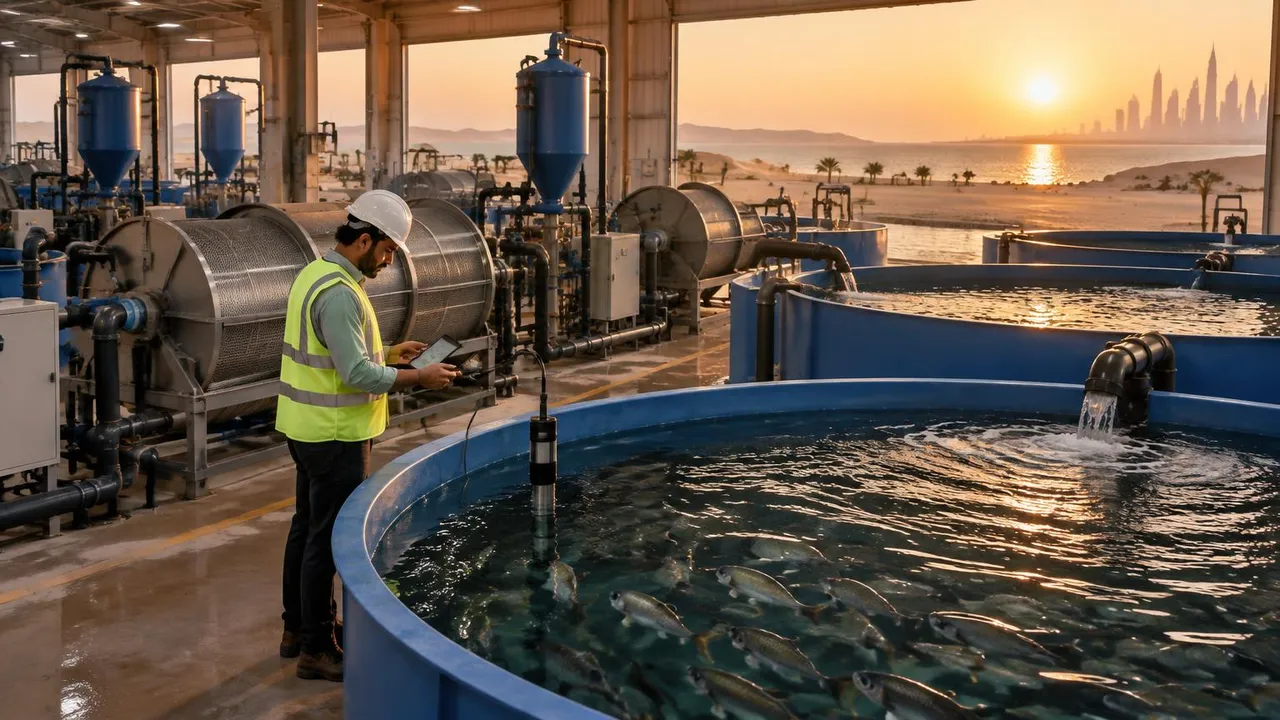 Engineer checking a water-quality probe beside blue RAS fish tanks, drum filters and oxygen cones in an aquaculture hall facing desert dunes and the Gulf coast in the UAE at sunset