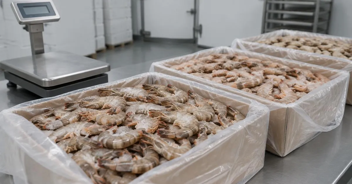 Graded frozen whole shrimp in lined cartons beside a weighing scale in a cold room (illustrative image)