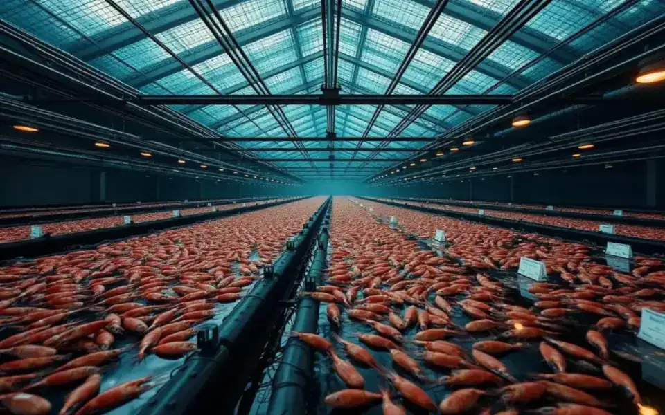 Shrimp in a covered grow-out pond under a greenhouse roof