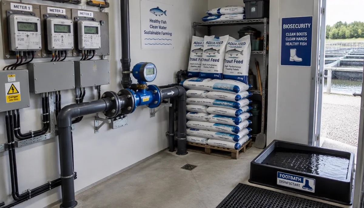 Fish farm utility room with electricity meters, a water flow meter, stacked feed bags and a disinfectant footbath at the door