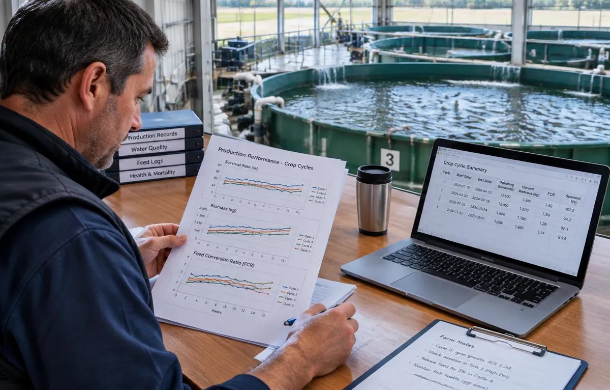 Farm manager comparing printed charts of survival, biomass and feed conversion from several crop cycles next to round fish tanks