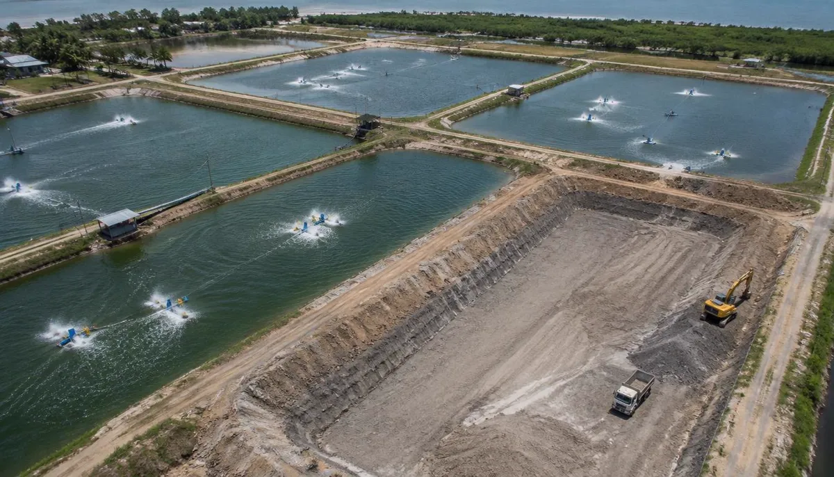 Aerial view of an operating shrimp pond farm with paddlewheel aerators and one new pond being excavated alongside