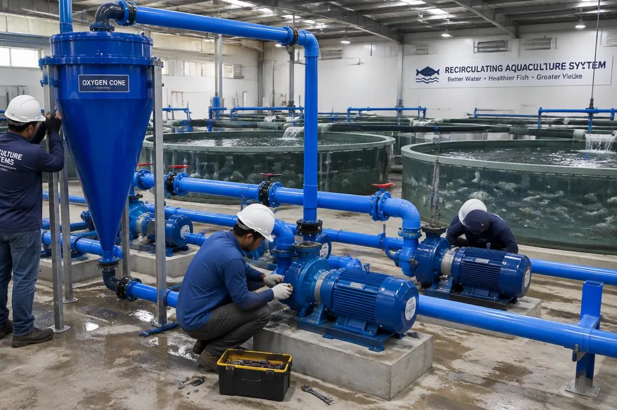 Technicians installing an oxygen cone and blue water pumps beside fish tanks in an indoor recirculating aquaculture hall