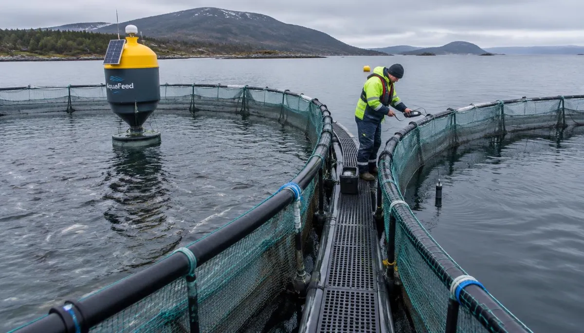 Worker on a sea cage walkway taking a water reading next to a cage fitted with a new feeding and sensor buoy